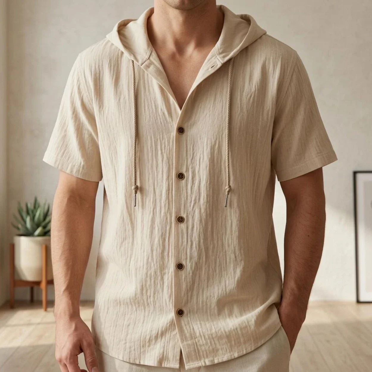Men Hooded Short Sleeve Shirt, Button Down Drawstring Casual Tops for Beach Vacation Daily Leisure Wear