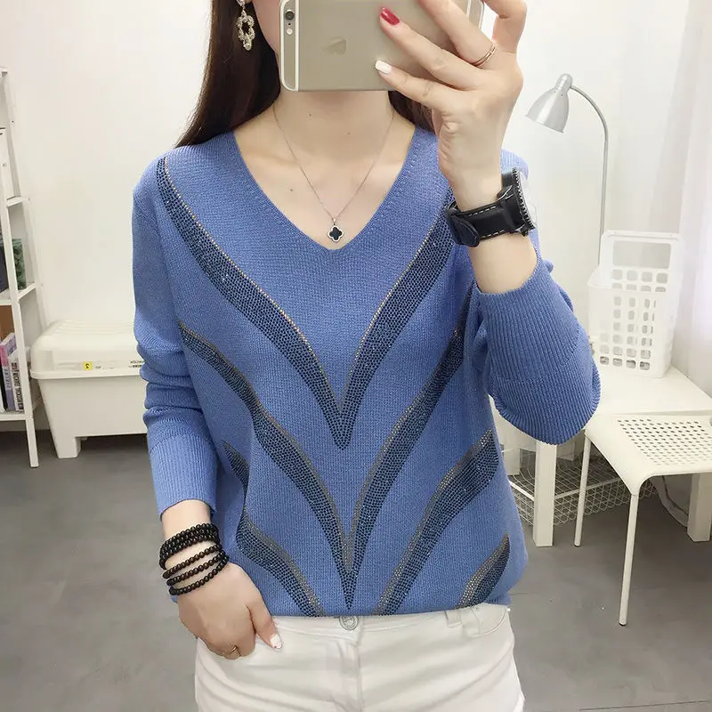 Fashion V-Neck Knitted Spliced All-match Diamonds Sweater Women's Clothing 2022 Autumn New Casual Pullovers Loose Korean Tops