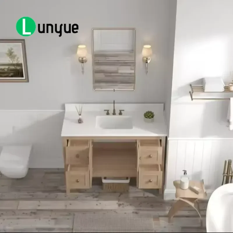 Custom Modern Light Oak Solid Wood Bathroom Vanity Cabinet 48 60 Inch Durable Quartz Countertop Floor to Floor Design