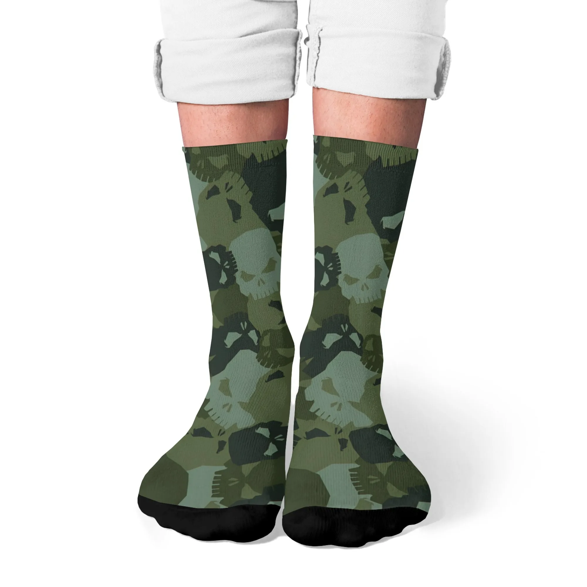 

Крутые камуфляжные носки до середины икры в стиле милитари с черепом в стиле милитари, зеленые, темные, персонализированные, мягкие, унисекс, повседневная уличная одежда и крутая