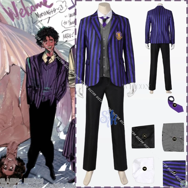 

Never Movie Moree Cosplay Eugenee Ottingerr British Style School Uniform DK Purple Striped Coat Halloween Party