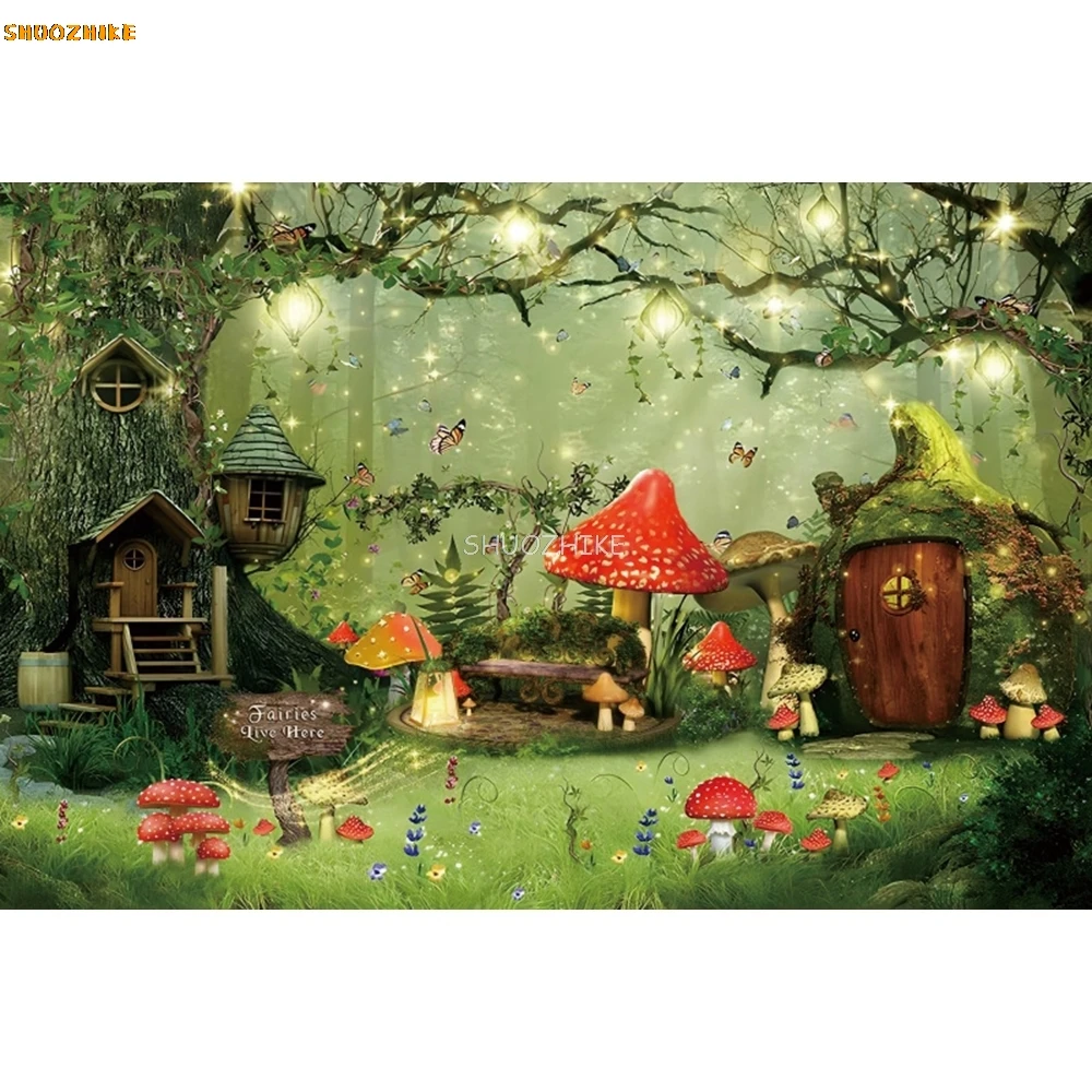 Studio foto latar belakang fotografi pesta ulang tahun bayi rumah peri jamur Wonderland latar belakang hutan alami impian