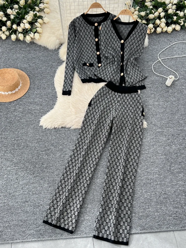 Winter Fashion Plaid Print Sweater Suits Women Knit Cardigans+Elastic Long Pants American Casual Retro Autumn OL 3 Pieces Sets