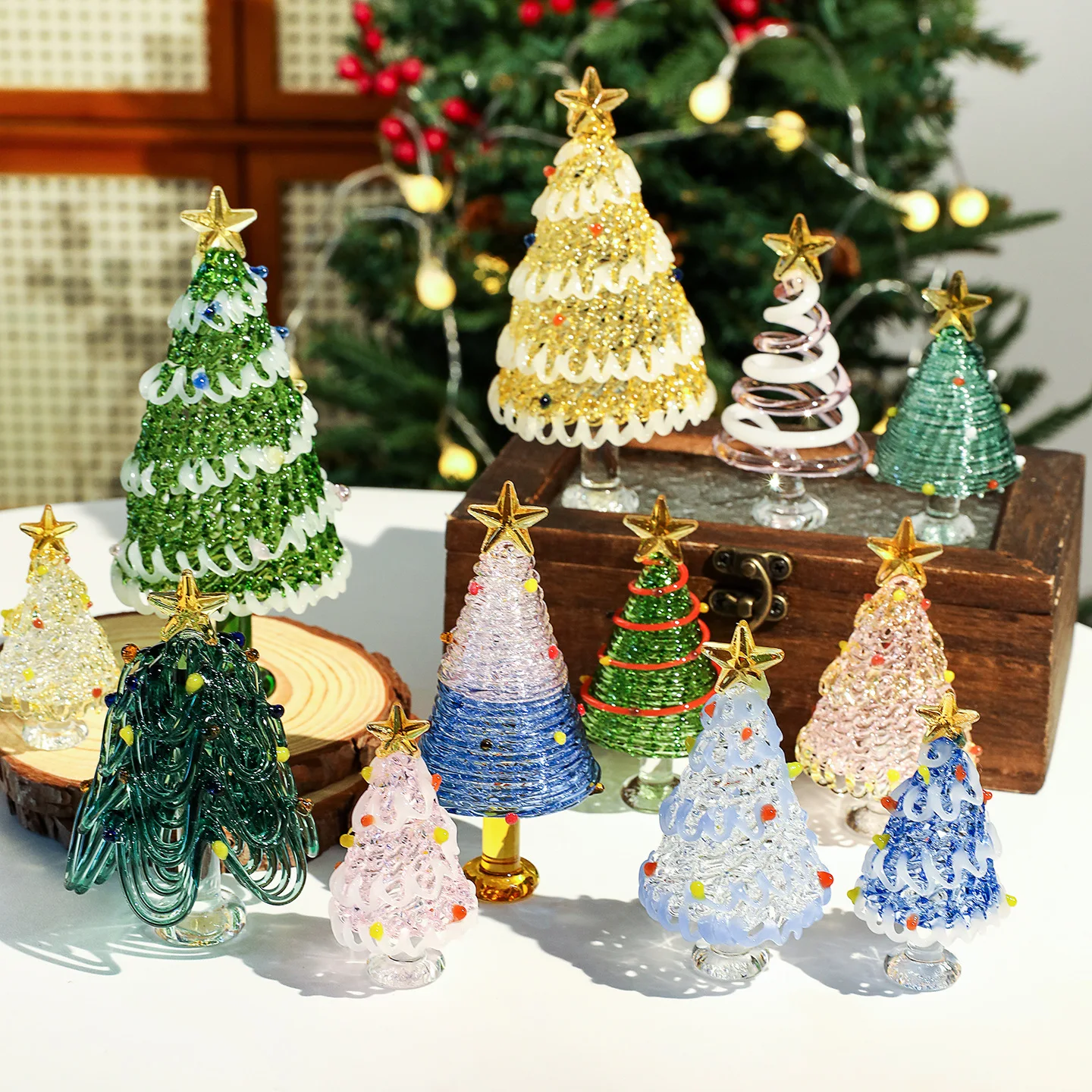 Dreamy Glass Christmas Tree Figurine, Christmas Tabletop Decor, Small Glass Xmas Tree Ornament, Christmas Gift for Home Desktop