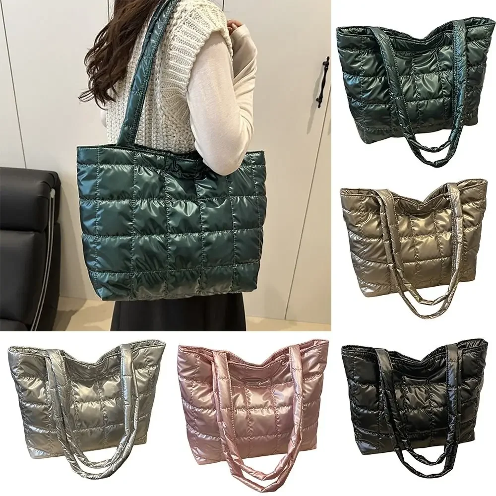 Fashion Solid Color Shoulder Bags Large Capacity Down Cotton Padded Quilted Tote Bag Underarm Bags Winter view 5