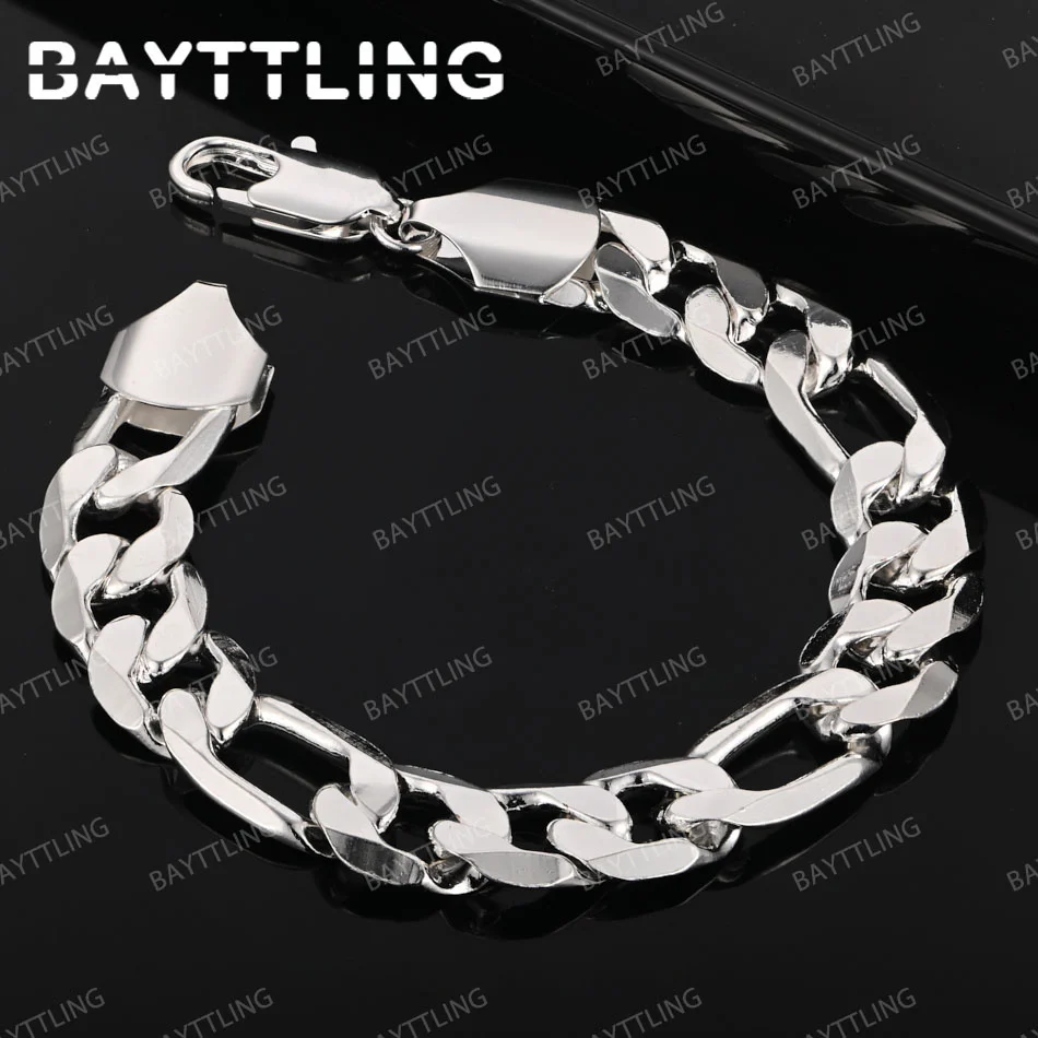 

925 Sterling Silver 12MM 8 Inches Fine Figaro Chain Bracelet Men Women Fashion Wedding Gift Jewelry Charm Punk Party