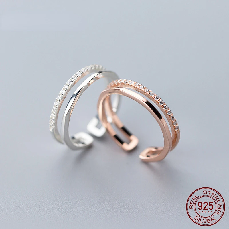 

50-57mm Double Layer 925 Sterling Silver Rings For Women Beautiful Wedding Women Ring Adjustable Fine In Jewerly Open Love Gift