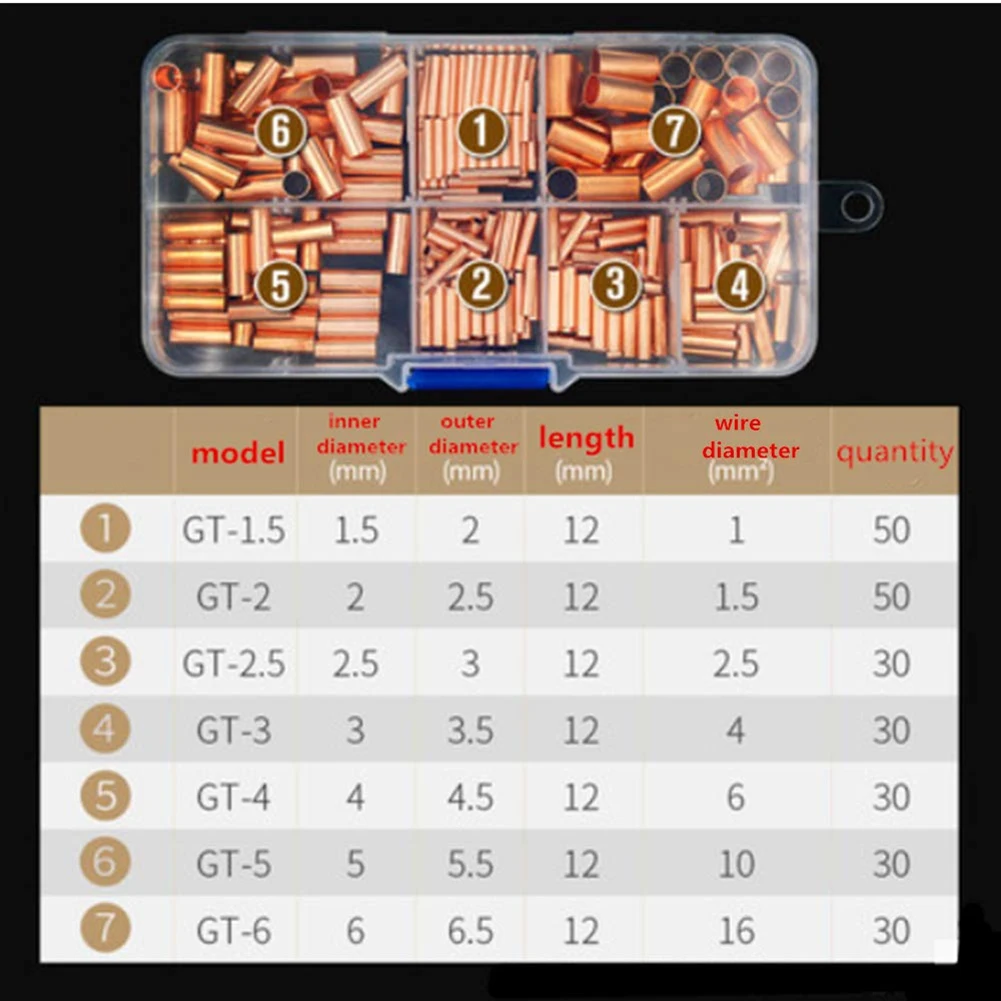 250Pcs GT Copper Connecting Pipe Wire Joint Small Copper Tube Terminal Cable Lug Bootlace Ferrule Kit