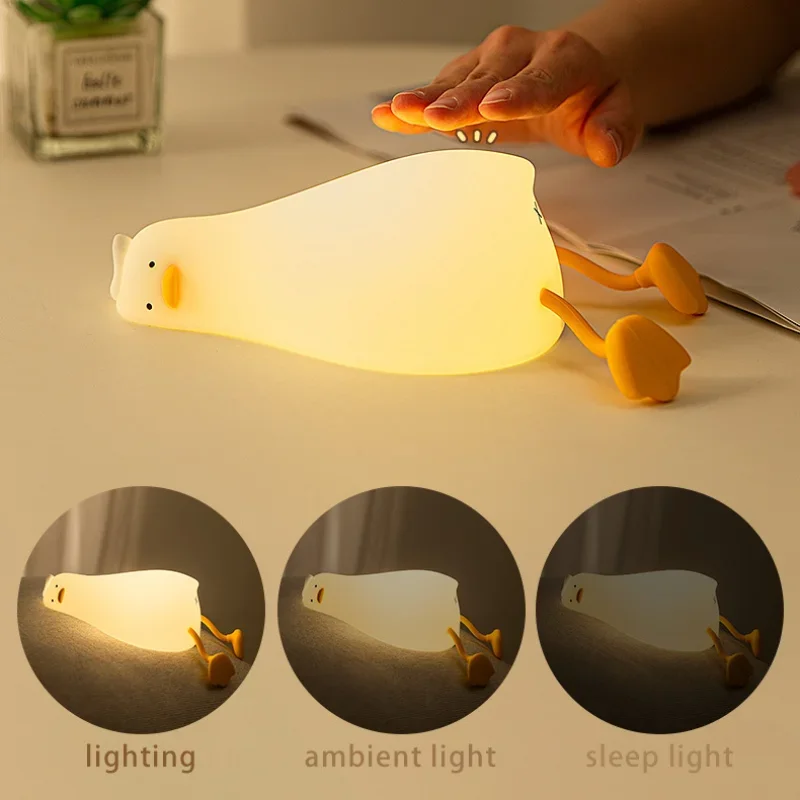 Cute Cartoon Duck LED Night Light Rechargeable Pat Silicone Lamp Bedroom Bedside Lamp for Home Room Decor Children Birthday Gift