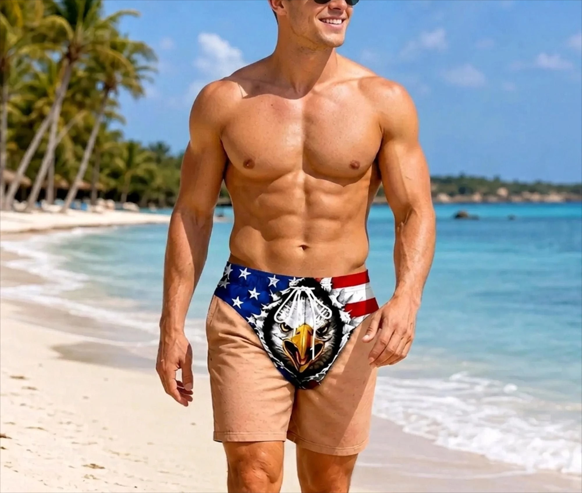 Funny Patriotic Men's Swim Trunks, Personalized American Style Flag Pattern Summer Vacation Beach Shorts, Husband's Gag Gift