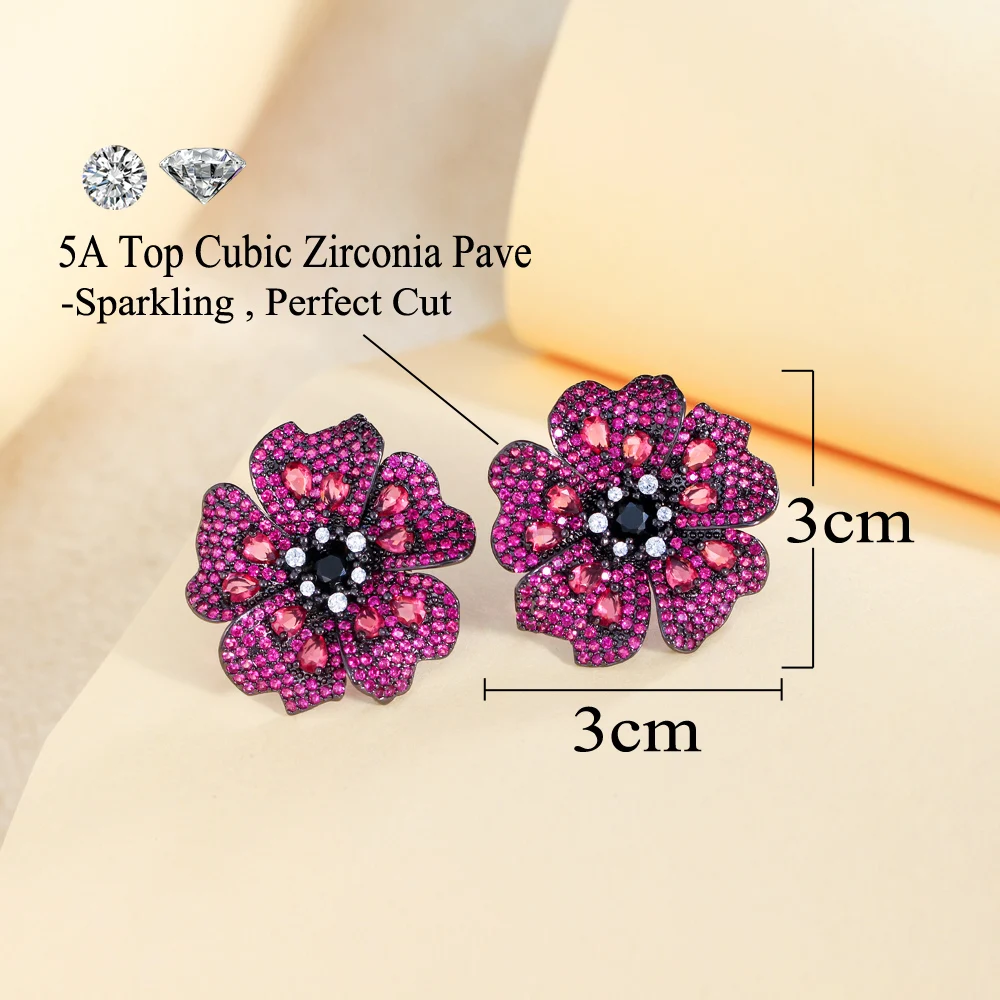 CWWZircons Luxury Shiny Fuchsia Red Cubic Zirconia Pave Big Chunky Statement Flower Drop Earrings for Women Party Wedding CZ758