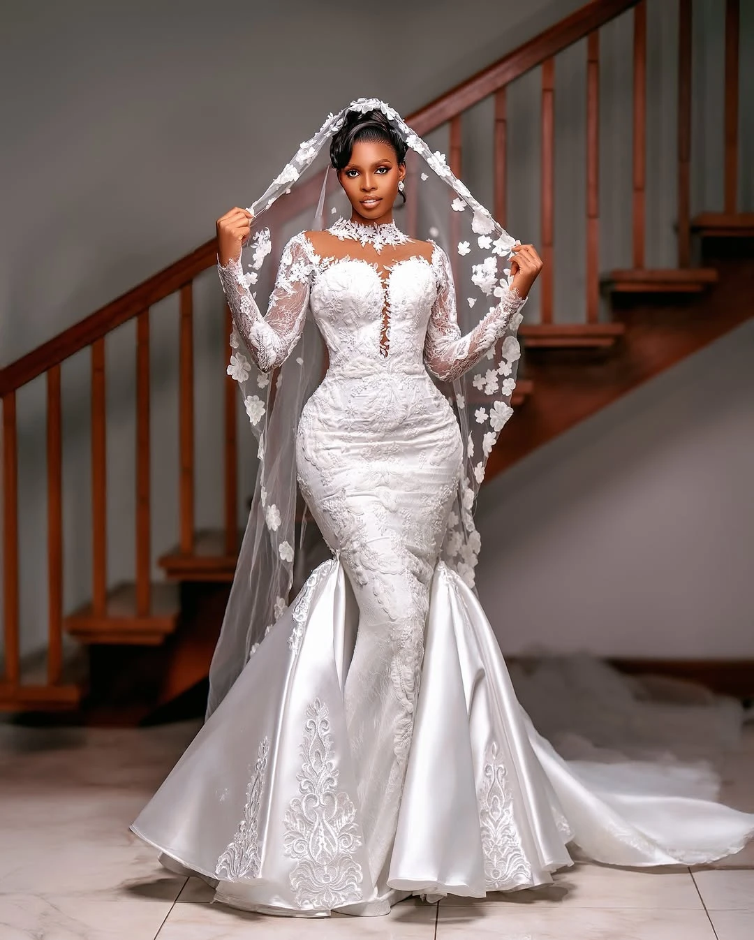 Robe De mariée sirène africaine personnalisée, col haut, avec des Appliques en dentelle, manches longues, Vintage
