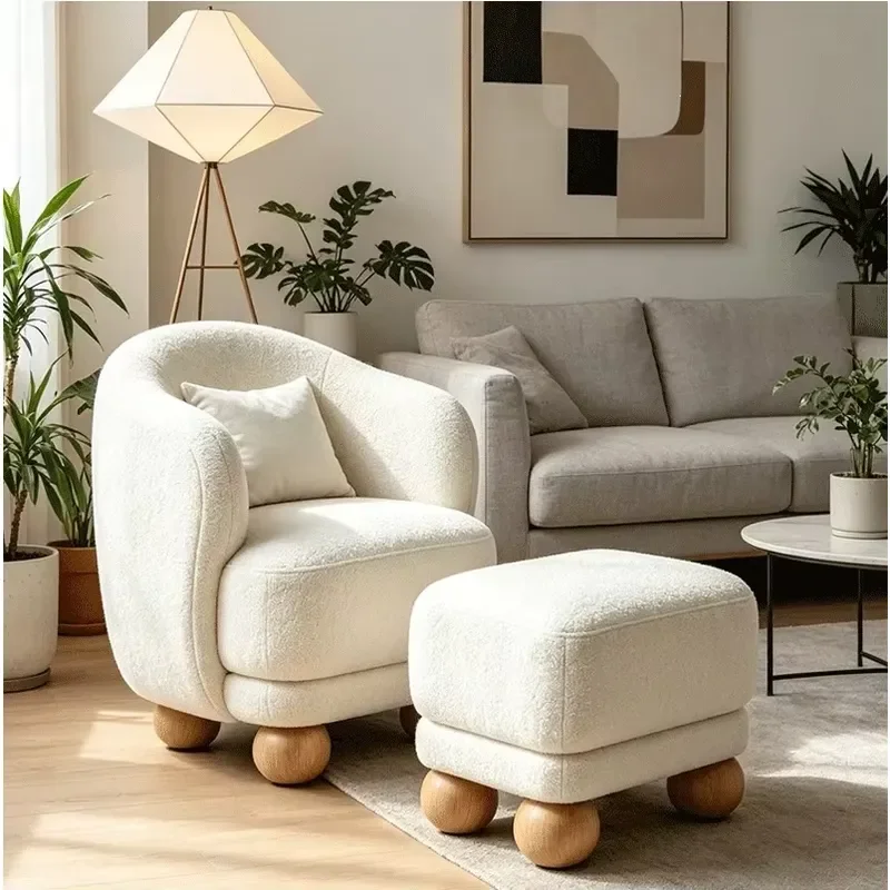 Cream White Fabric Leisure Chair with Footstool Wooden Legs Modern Living Room Sofa Chair Latest Design Home Furniture