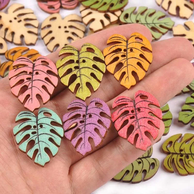 50Pcs Mixed Color Banana Leaf Flatback Wooden Buttons For Sewing Accessories Handmade Crafts DIY Scrapbook Clothes Home Decor