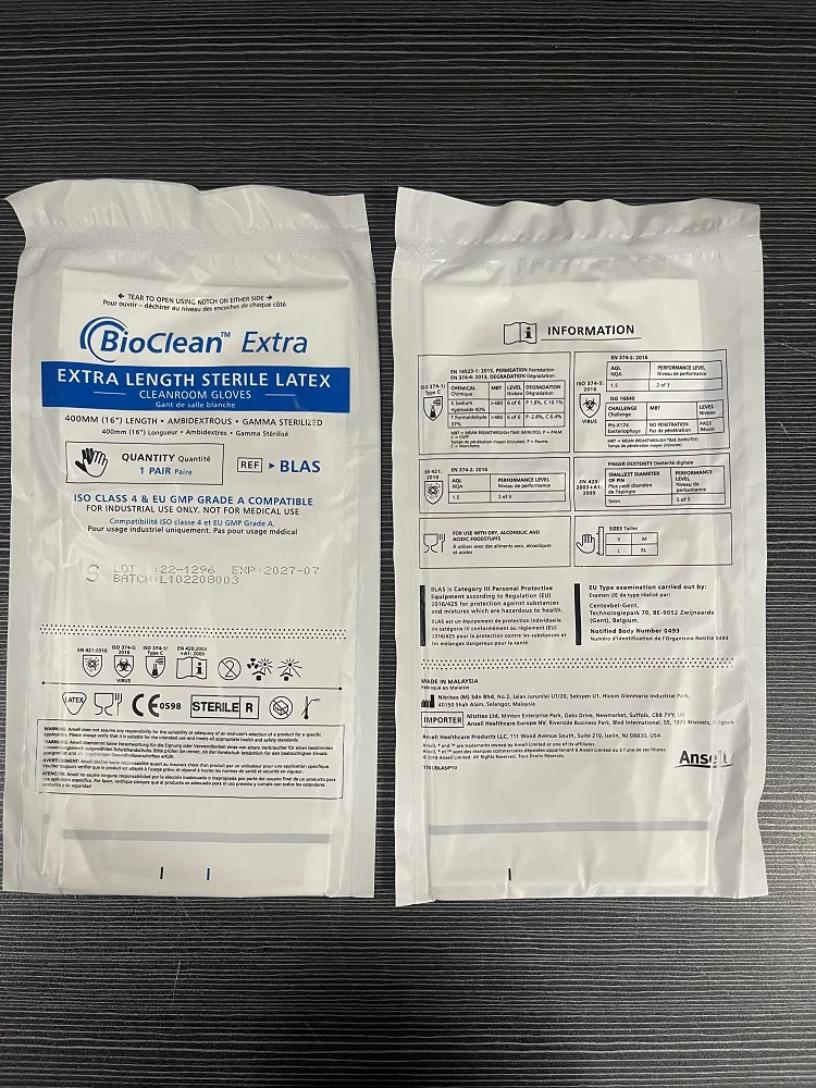 Imagem -06 - Luva Descartável de Látex para Salas Limpas Extra Blas Bioclean Classe Iso ue Gmp Grau a b Comprimento 400 mm ou 16 Par