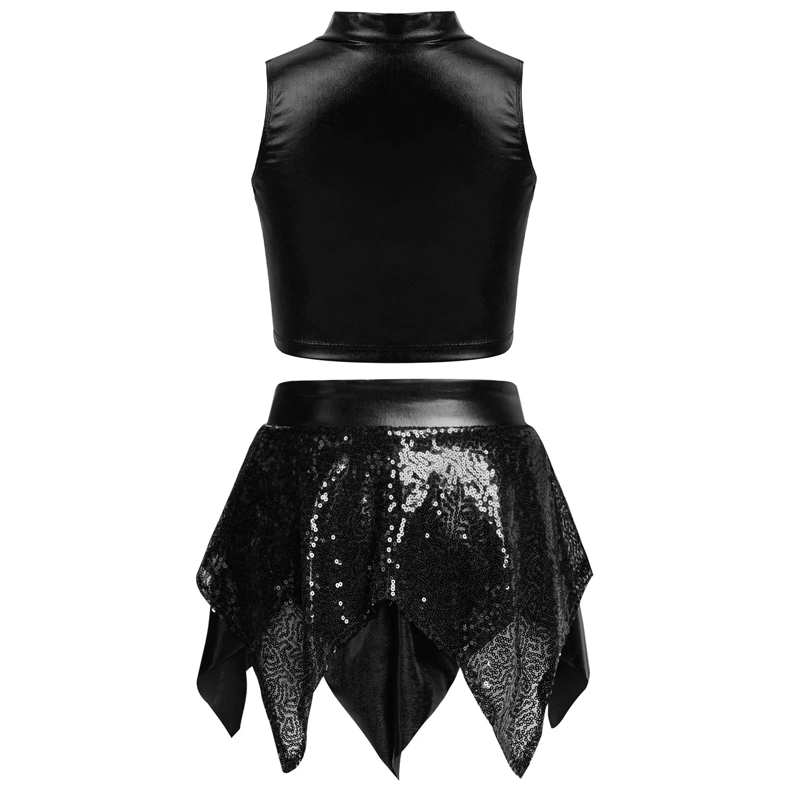 Kids Girls 2pcs Jazz Dance Outfits Mock Neck Shiny Metallic Tank Tops Vest with Sequins Asymmetric Skirt Set