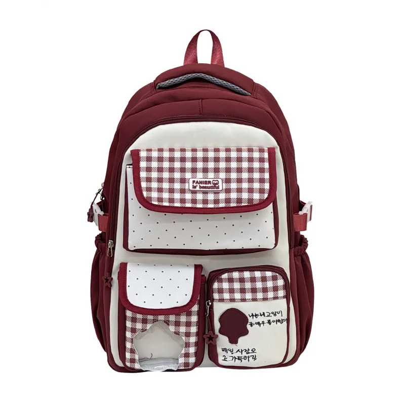 Polka Dot Plaid Backpack for Middle and High School Girls, Large Capacity, Pressure-Reducing, Spine-Protecting, College-Style Sc
