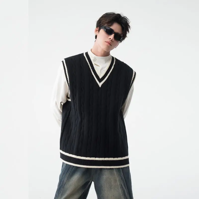 

Японский цветной вязаный жилет в стиле ретро с v-образным вырезом, свободный свитер со шлепанцами, базовый повседневный модный осенний свитер