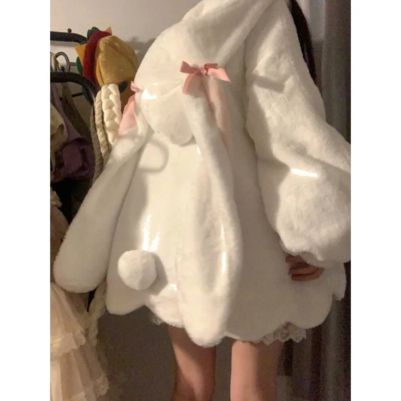 Japanese Sweet Girl Cute Rabbit Ears Hooded Plush Jacket Women Winter Teens Student Padded Thicken Kawaii Loose Coat Outwear