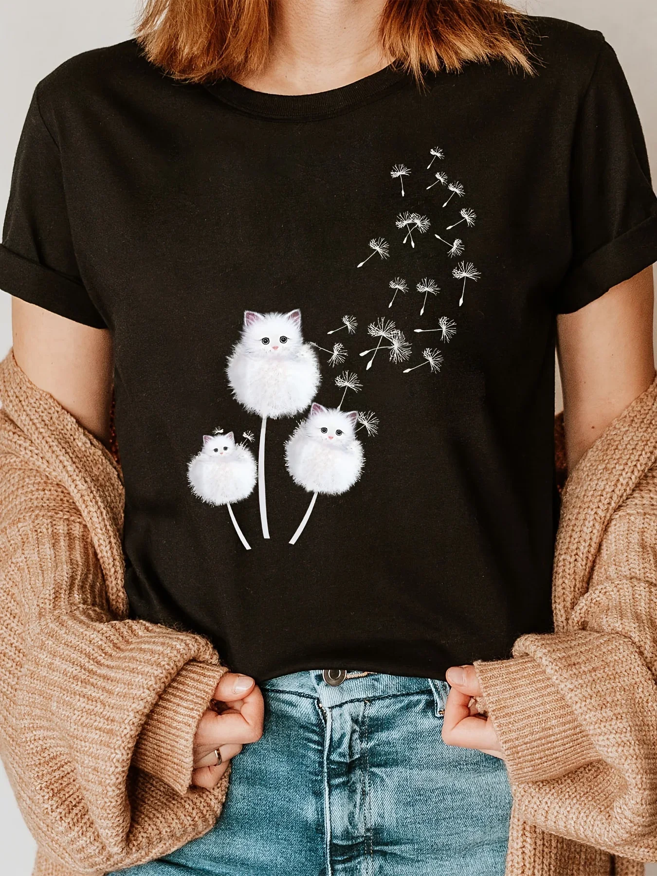 Criativo pele de gato e dente de leão impressão verão camiseta feminina topo manga curta em torno do pescoço casual verão roupas femininas