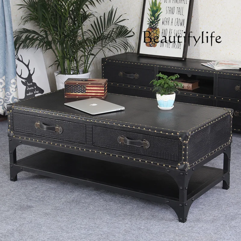 American Retro Leather Case Coffee Table European Style Distressed Storage Locker Ktv Bar Coffee Table