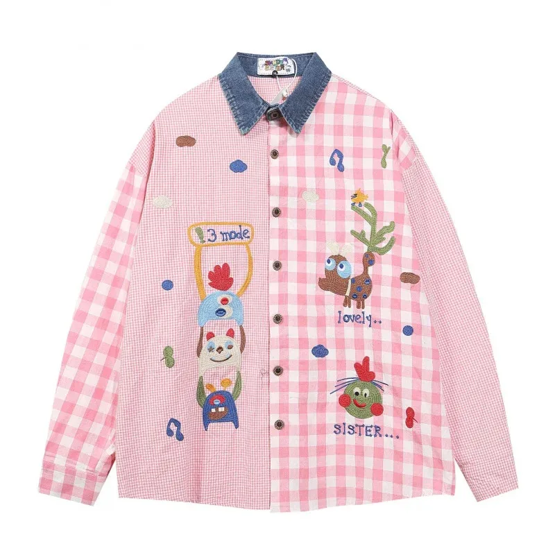 

HELLOMARCEL US EU Size Luxury Streetwear Embroidery Cartoon Spring Loose Fit Retro Top Plaid Long Sleeve Shirt For Women