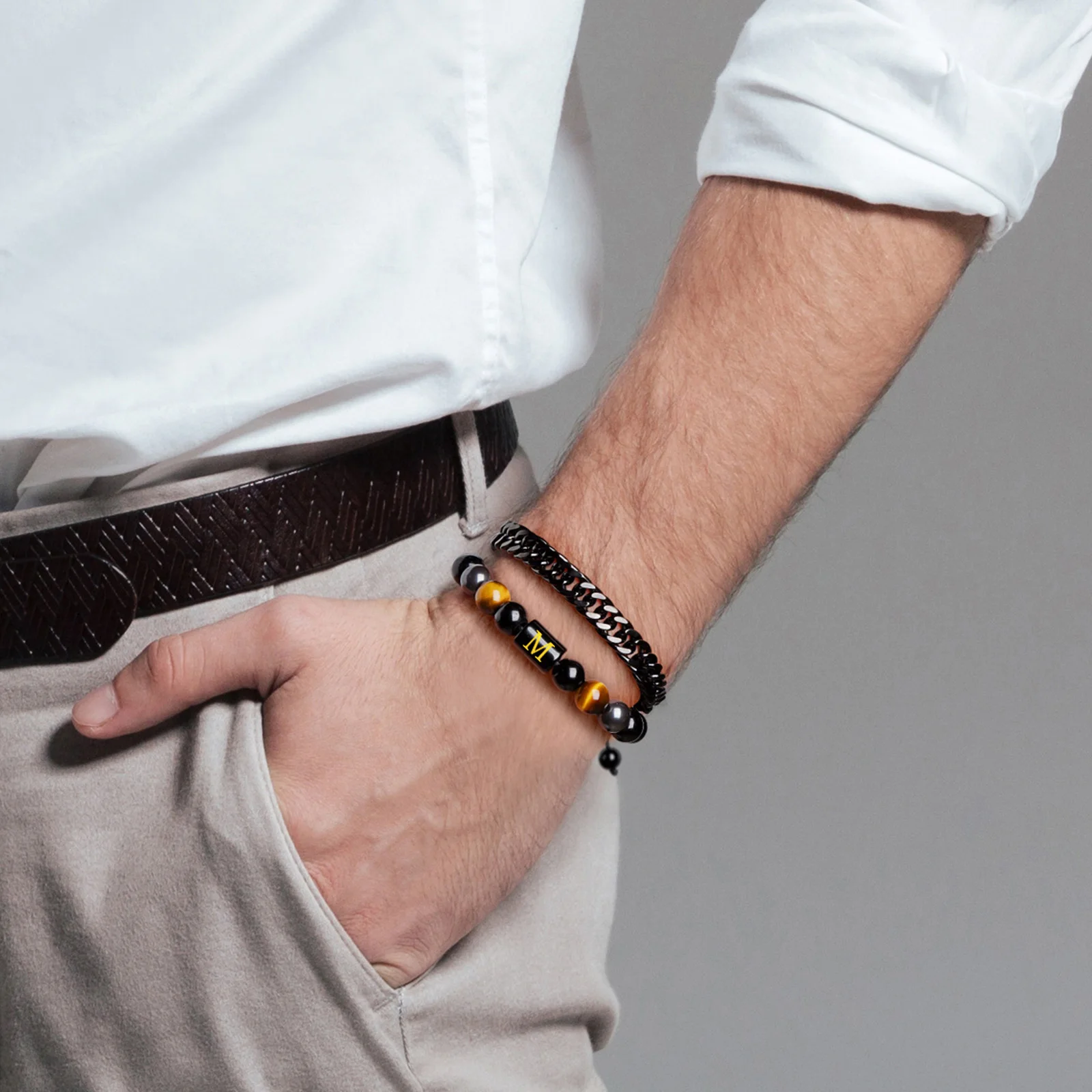 2 قطعة/المجموعة 26 حرف الحجر الطبيعي الرجال أساور عين النمر الهيماتيت سوار الطاقة الأسود التيتانيوم الصلب سوار الإسورة مجوهرات #3