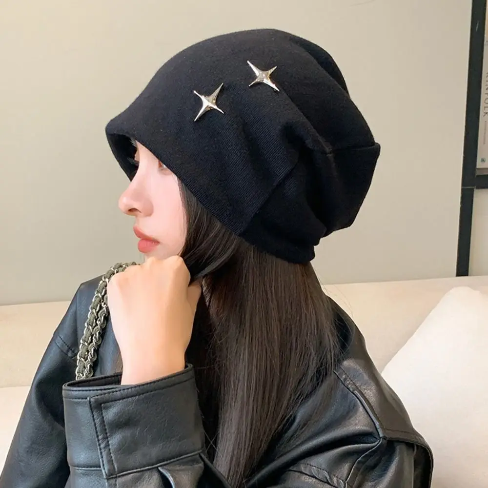 Polyester Slouchy Beanie Hat Star Decor Face Slimming Fall Winter Beanie Hat Ear Protection 54cm to 58cm Head Circumference