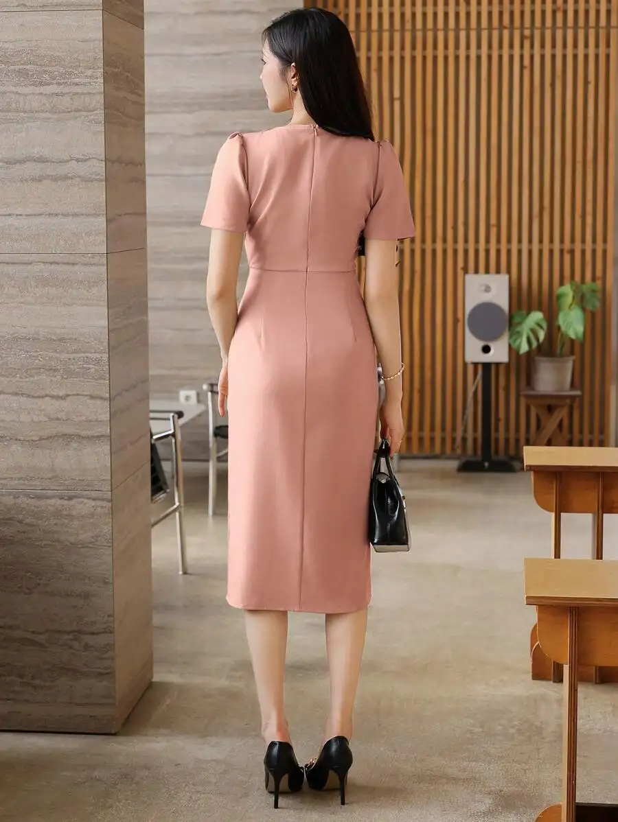 

Elegant Solid Color Short Sleeve Midi Dress For Women Summer