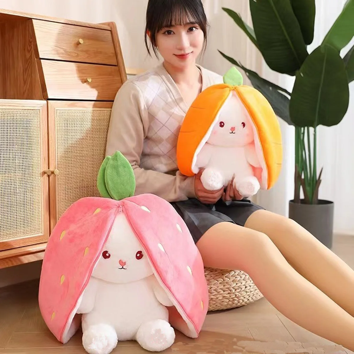 Kawaii Fruit Transfigured Bunny Plush Toy Cute Carrot Strawberry Turn Into Rabbit Plush Cosplay Toy Kids Birthday Christmas Gift