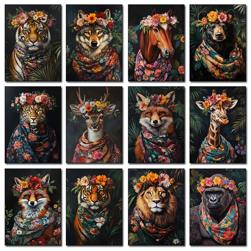 (1PC Unframe)Jungle Animals Portrait Poster Gorilla Giraffe Bear Zebra with Floral Crown Canvas Printing Wall Art Picture for Ro