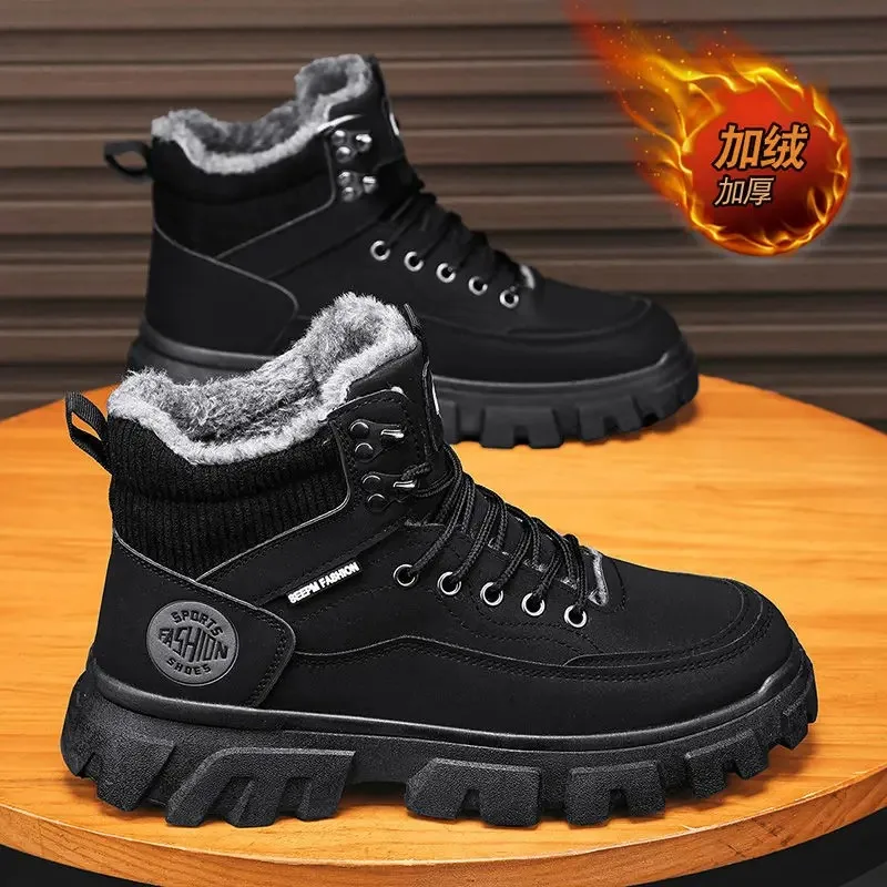 Winter Mens Shoes Fashion High-top Sneakers High Quality Leather Casual Shoes Winter Plush Warm Cotton Shoes for Men Ankle Boots