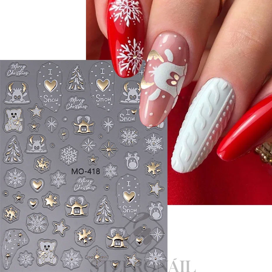 Christmas Nail Stickers 5D Gold White Elk Snowflake Snowman Bow Star Tree DIY Winter Xmas Decal Slider Manicure  Art Decoration