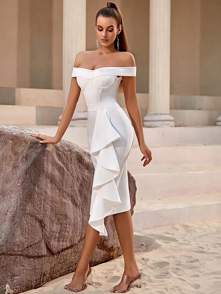 White Ruffles Bandage Dress Women Summer 2023 Sexy Off Shoulder Pleated Party Evening Dresses Elegant Bodycon Vestidos BA322