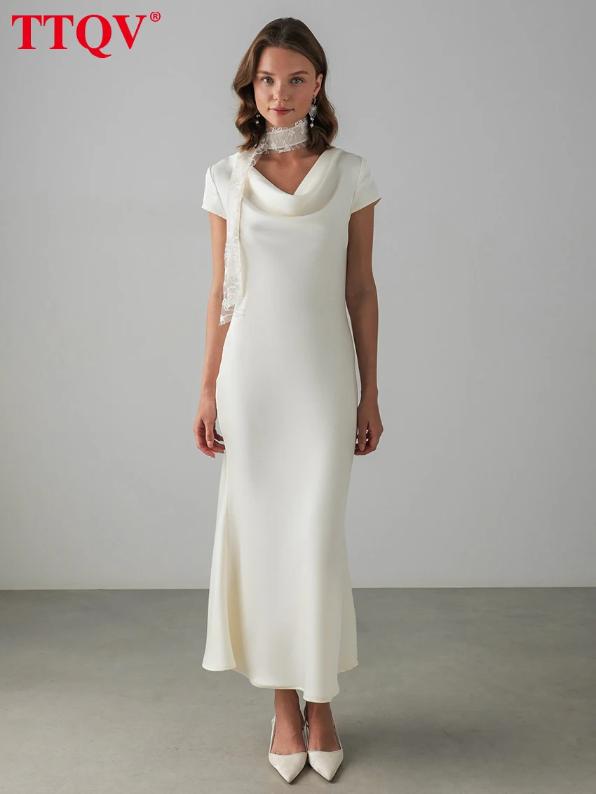 

TTQV Summer Loose Beige Satin Women Dress 2026 Fashion V-Neck Short Sleeve Ankle Length Dresses Elegant Classic Female Dress
