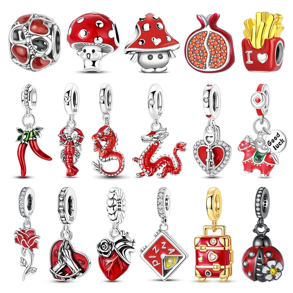 Red series 925 Sterling Silver Love Lock Luggage Chili Dragon Clock String Decoration Fit DIY Bracelet Necklace Good Luck Gifts