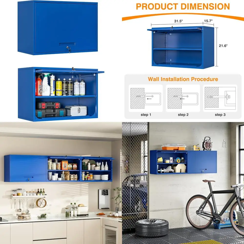 ロック可能な金属製ガレージキャビネット、跳ね上げ式ドア付き、高さ21.6インチの壁掛け収納キャビネット、ホームオフィスや地下室の整理に