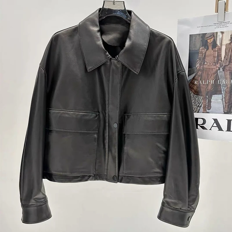 女性春本物のシープスキンレザージャケットファッションクラシックブラックルースリアルレザージャケットコート