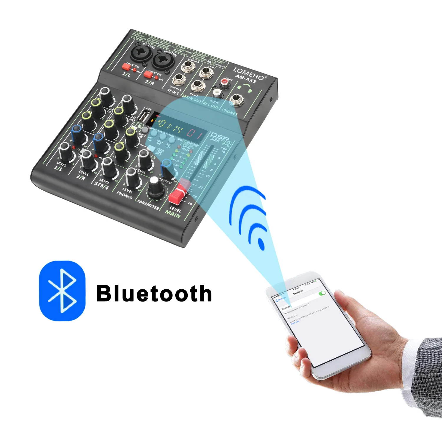 Imagem -05 - Mini Canais Sound Mixer Bluetooth 99 Efeitos Dsp Mixagem de Áudio Console Individual Mais 48v Phantom Usb Computer Play Record Am-ax3