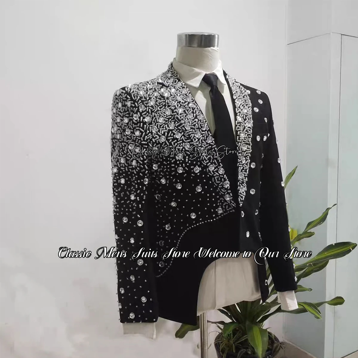 Luxury Black Men Suits With Crystals Beaded Wedding Groom Tuxedos 2 Pieces SetCustume Homme Slim Shawl Lapel Male Prom Blazers