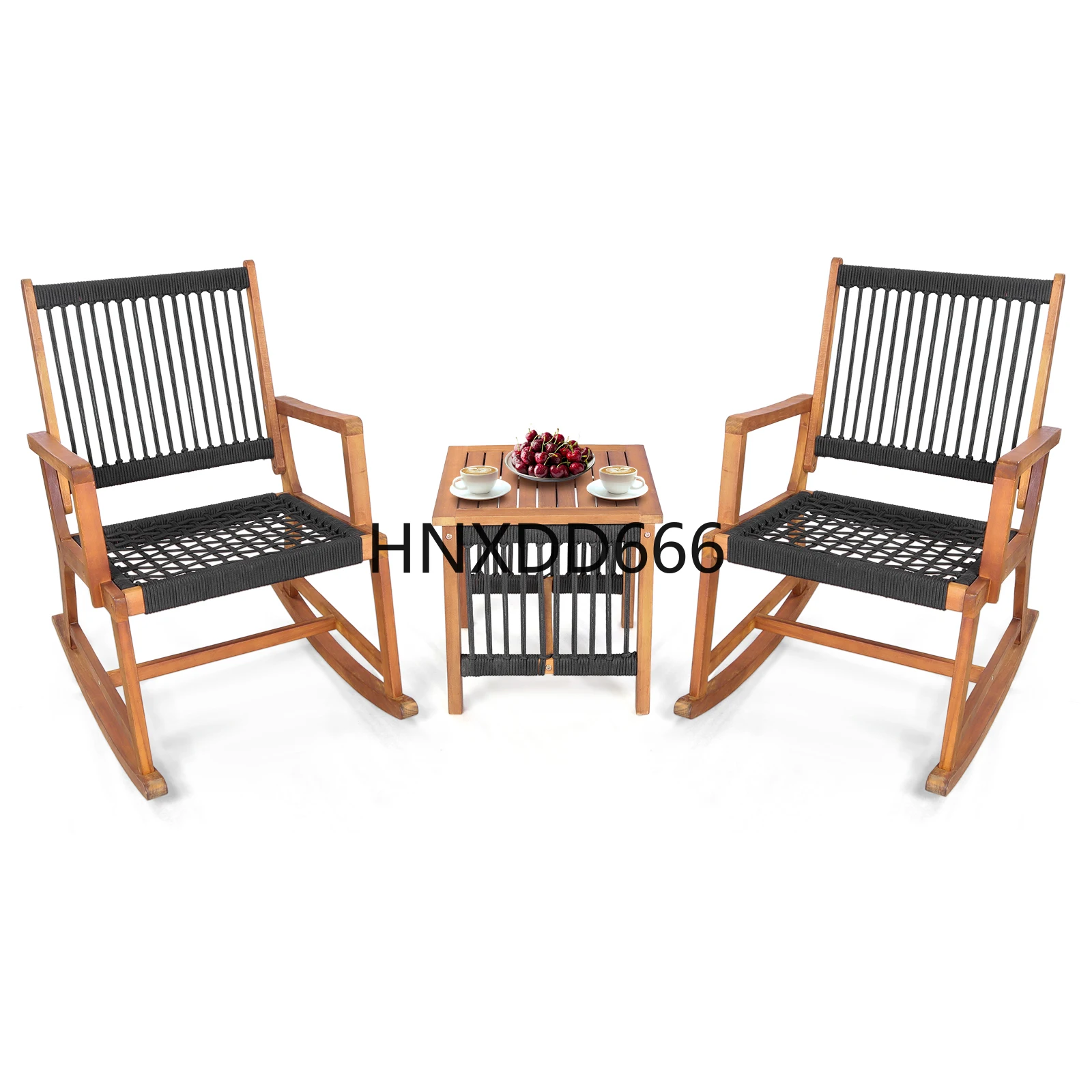 

3pcs Patio Acacia Wood Bistro Table Rocking Chair Set All-Weather Rope Outdoor