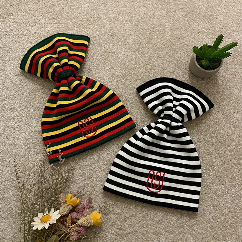 Spring new American high street ins style pullover hat with contrasting striped straps Y2K warm knit hat