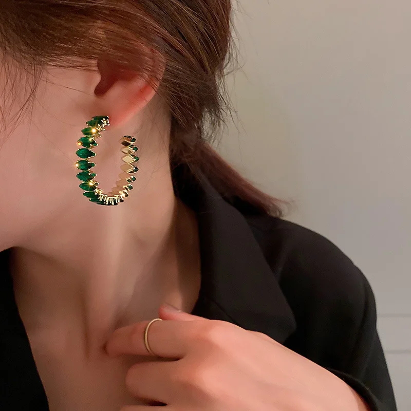 New Luxury High Quality Inlay CZ Hoop Earrings Round Green Zircon Crystal Earring for Women Engagement Party Statement Jewelry