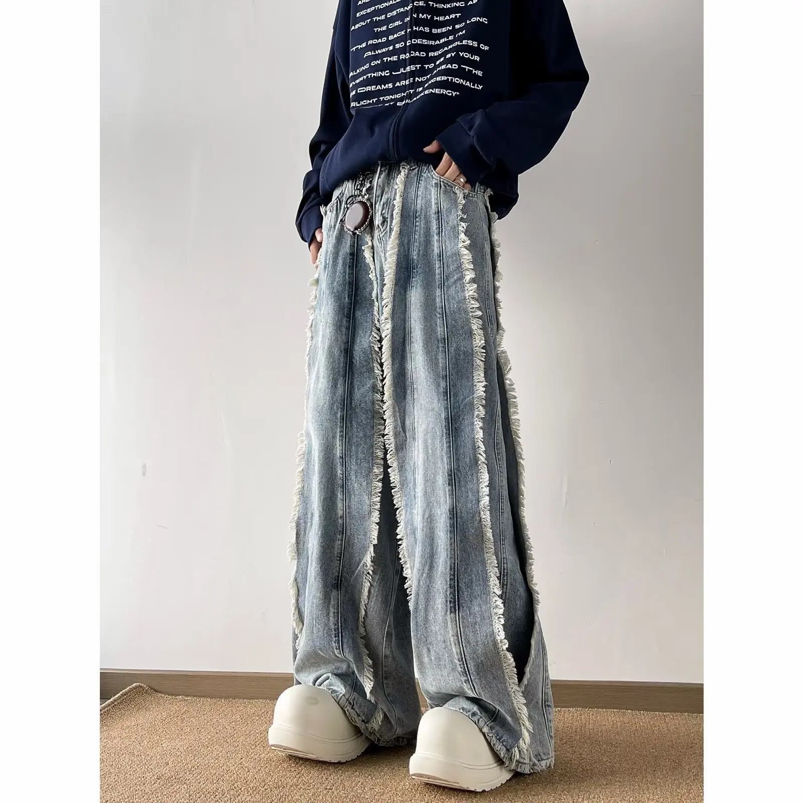 

Джинсы оверсайз, свободные потертые мешковатые джинсовые брюки, прямые брюки с высокой талией, корейские уличные модные широкие брюки