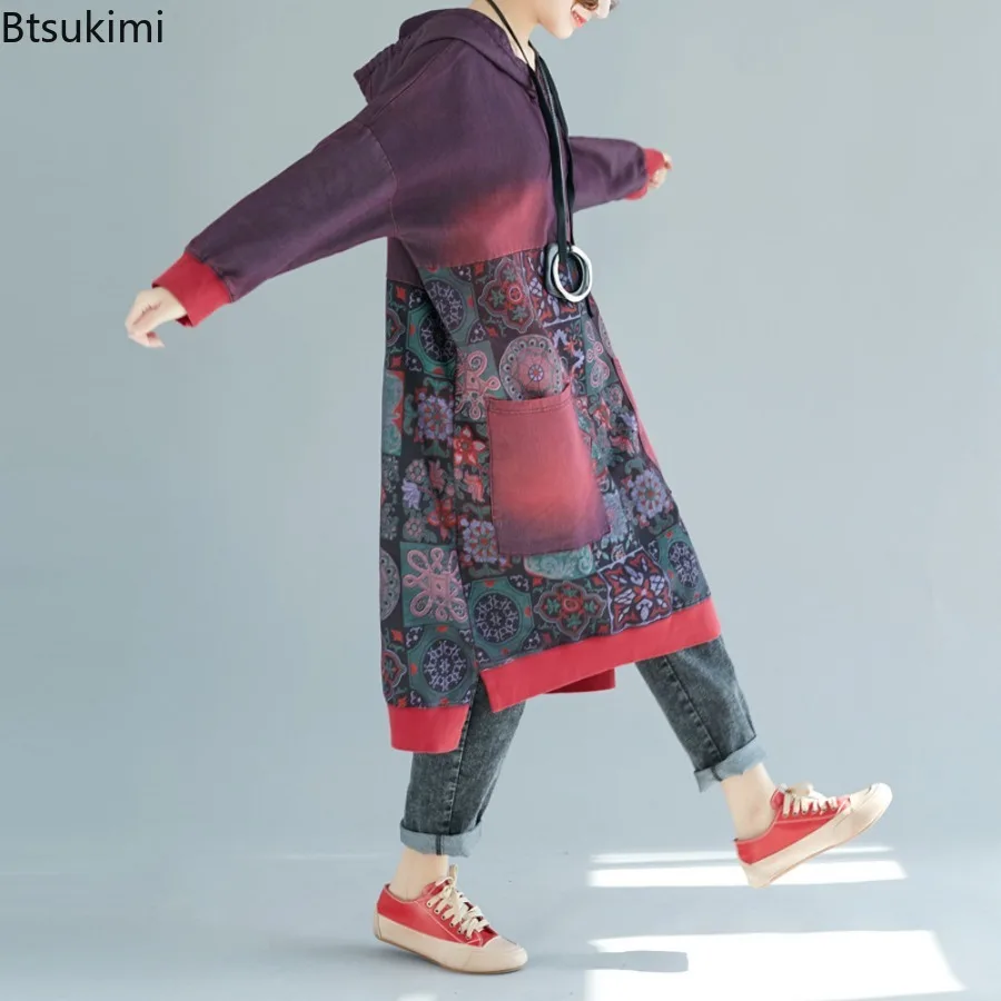 Spring Autumn New Women's Vintage Long Hoodies Fashion Print Casual Pullovers Big Pockets Splice Hooded Dress Women Sweatshirts