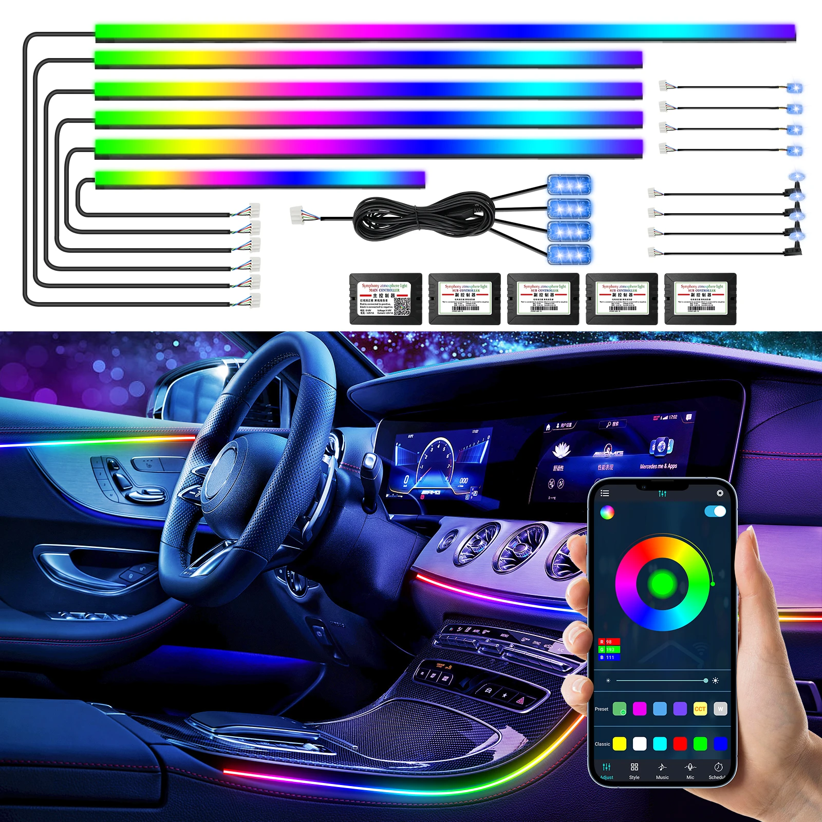 Symphony Car Ambient Light 18 in 1 Neon Interior Led Strip RGB 64 Color Breathe Atmosphere Lamp Decoration LED Acrylic Strip