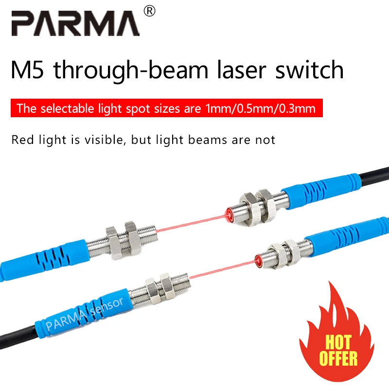 Miniature bidirectional laser sensing M6 concentrator type, with detection range of 0 - 20 meters, visible red light.