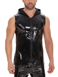S-7XL Sleeveless Wet Look PVC Tank Top Men Zipper Hooded Shiny PU Leather Tanktop Stage Performance Tops Shirt Vest Bodybuilding