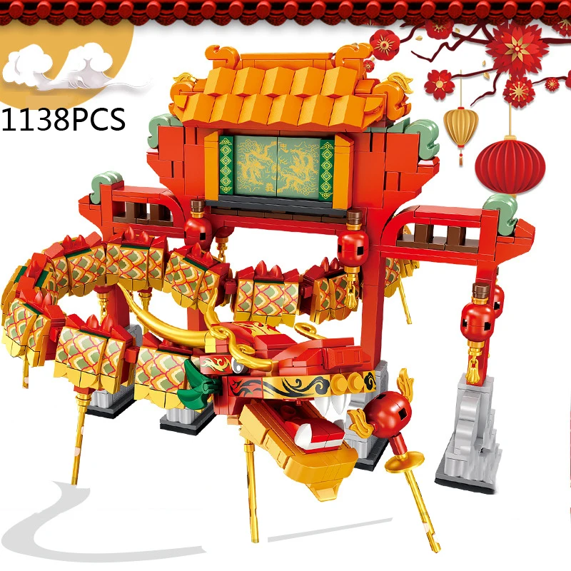 

Creative Construction Modern Architecture Block Model Chinatown Memorial Archway Building Brick Dragon Dance Figure Toy For Gift