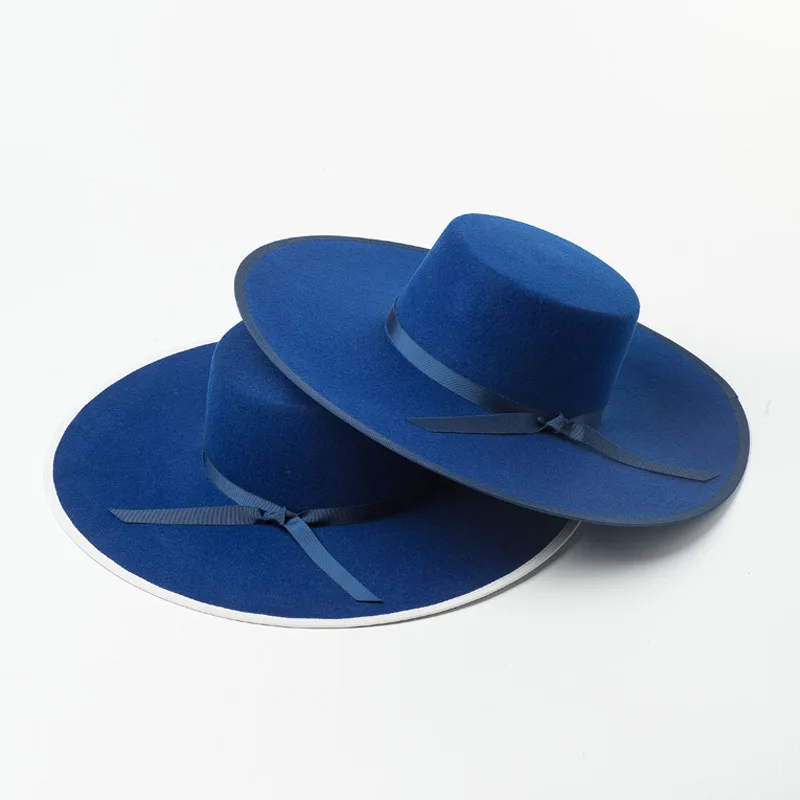 

Autumn Winter New Fashion Rest Bowknot Decorated Wide Brim Woolen Flat Top Hat Catwalk Flat Top Hat